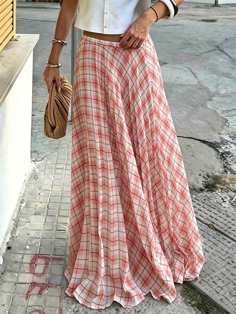 Women's Summer Casual Plaid Print Midi Skirt | SHEIN