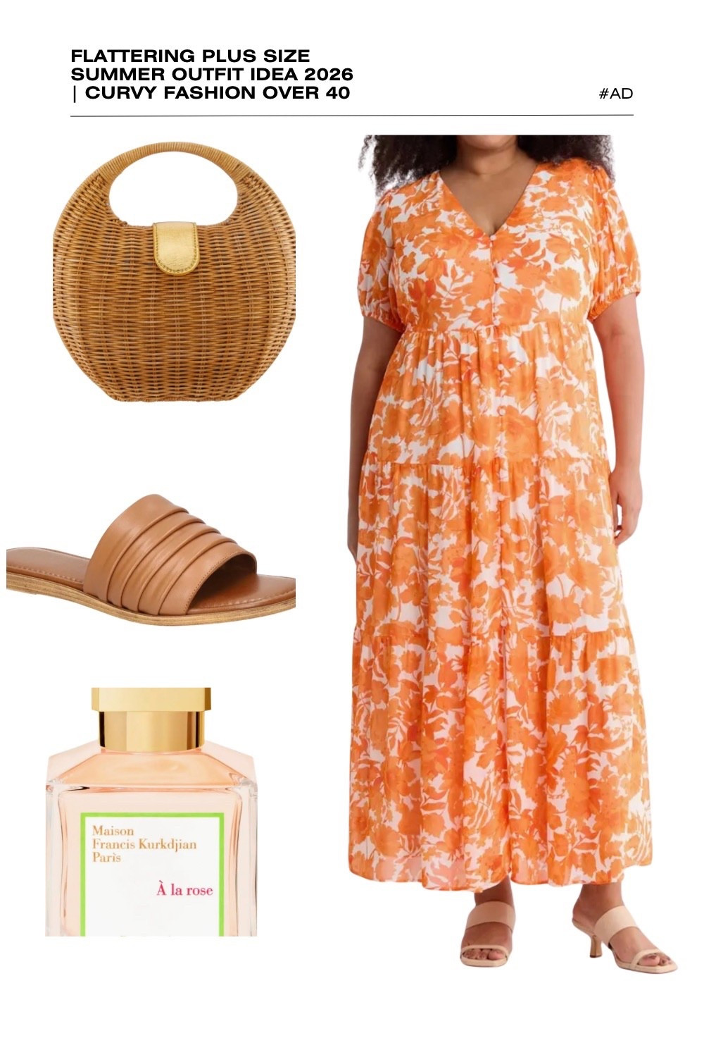 Looking for a vibrant orange plus size summer outfit idea for 2026? This flattering floral maxi dress is a must-have for curvy fashion over 40. Featuring a breezy tiered skirt, a classic V-neckline, and a high empire waist, this dress is designed to celebrate your silhouette while keeping you cool in the heat.
We’ve styled this tropical orange dress with a structured crescent wicker bag and comfortable tan ribbed slide sandals for a cohesive, earthy look. The ensemble is finished with the luxury floral scent of Maison Francis Kurkdjian À la rose. Whether you're heading to a summer brunch or looking for plus size resort wear, this bright floral look is a seasonal essential. #PlusSizeFashion #OrangeFloralDress #SummerOutfits2026 #CurvyStyle #MFKFragrance #SummerVacationStyle