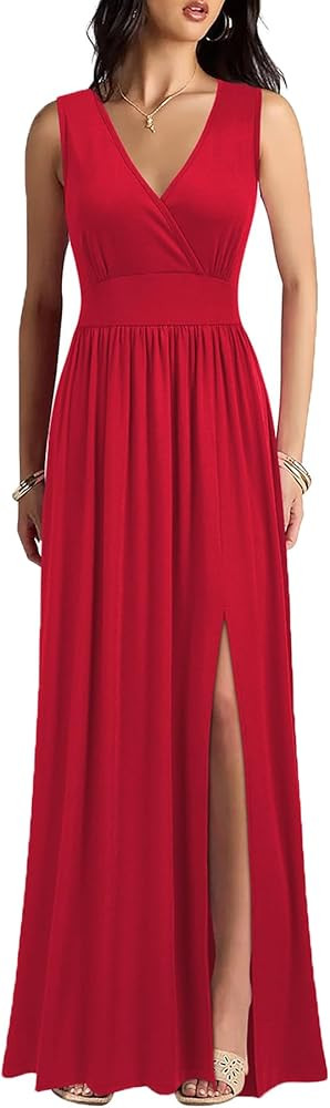 WOOSEA Women Sleeveless Deep V Neck Split Loose Sexy Plain Long Maxi Casual Dress | Amazon (US)