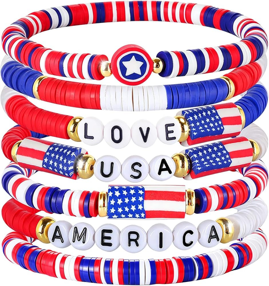 Mysense 250 Anniversary USA Merchandise, 7 Pack Patriotic Red White & Blue Beaded American Flag B... | Amazon (US)