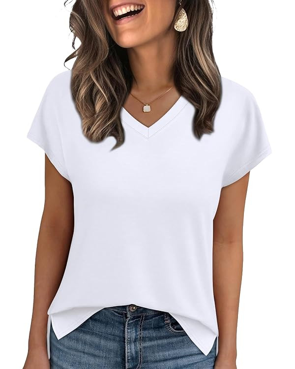 WIHOLL Womens Tops Basic Summer V Neck T Shirts Short Sleeve Dressy Casual Loose Fit Cute Tee Clo... | Amazon (US)