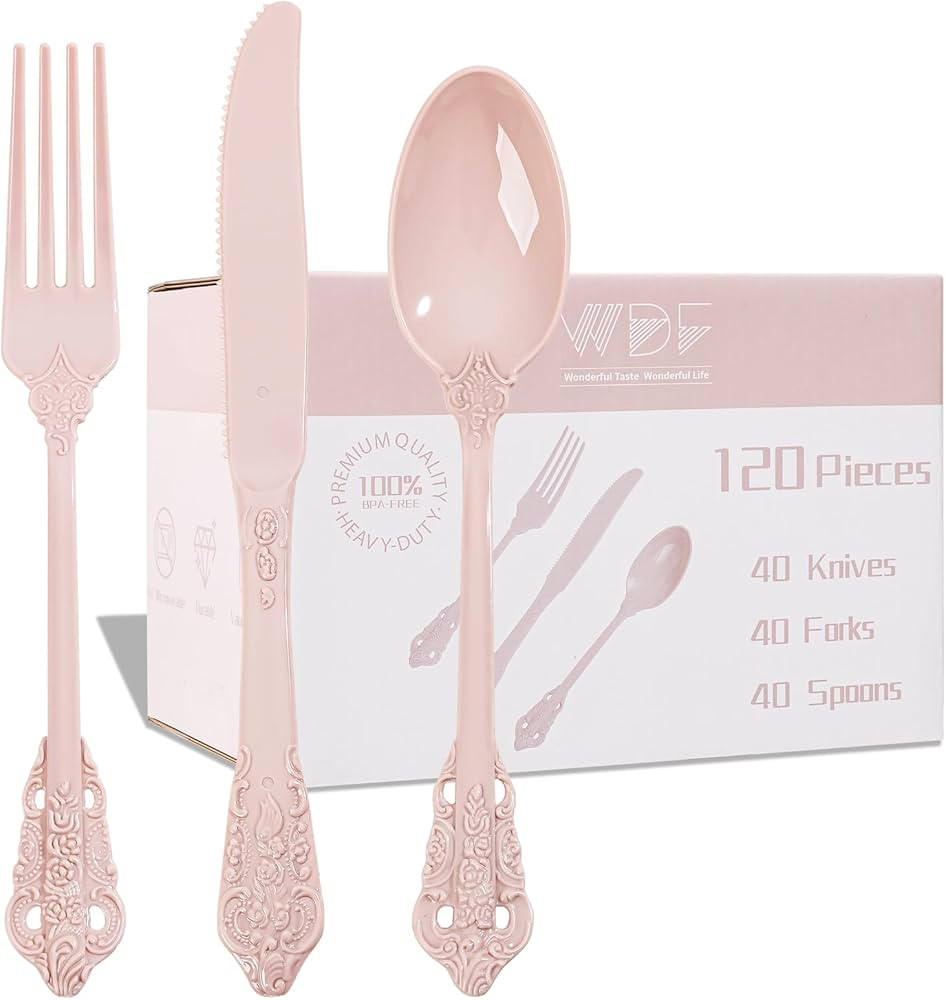 WDF 120 Pieces Heavy Duty Pink Plastic Silverware - Pink Plastic Cutlery Set - Disposable Pink Ut... | Amazon (US)