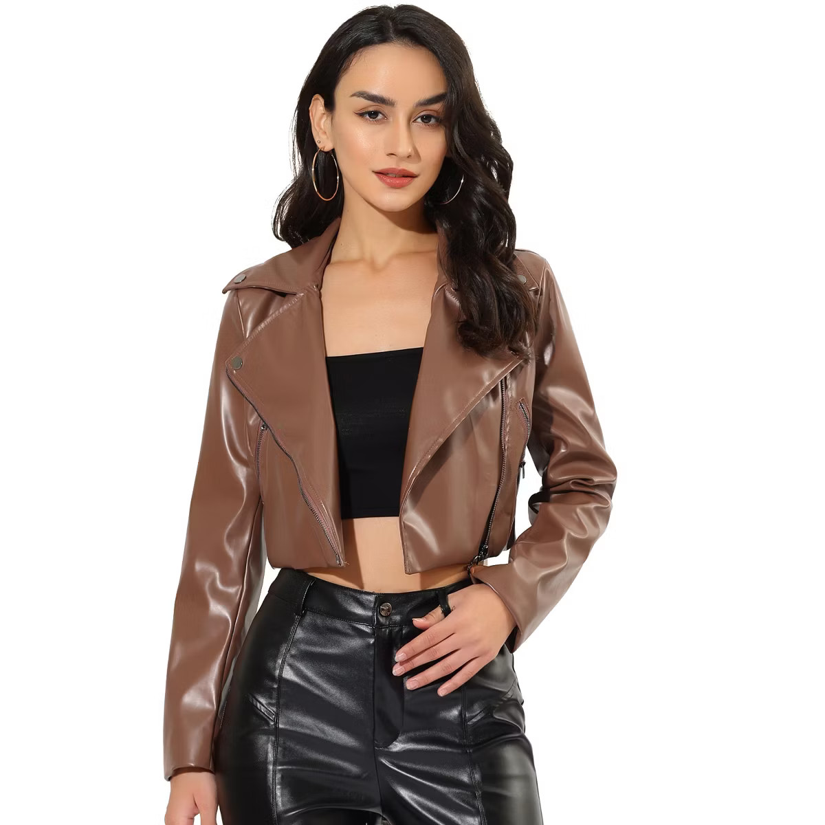 INSPIRE CHIC Women's Faux Leather Long Sleeve Zipper Up Moto Cropped Jacket | Target