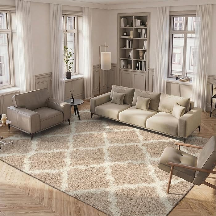 SAFAVIEH Area Rug 8x10 - Dallas Shag Collection - Large - Beige & Ivory, Trellis Pattern, Non-She... | Amazon (US)
