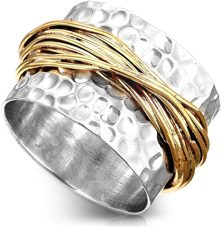 Boho-Magic 925 Sterling Silver Band Ring for Women with Brass Wrap Wide Statement Ring | Amazon (US)