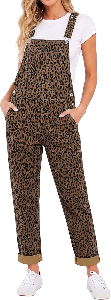 29" Inseam, Trendy Leopard Print Bib Overalls, Stretchy Fabric, Relaxed Fit, Country Concert Jean... | Amazon (US)