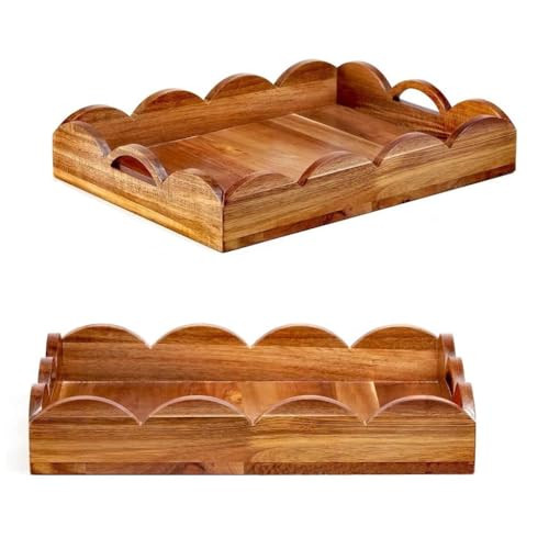 2Pcs Quincry Scalloped Edge Tray,Scalloped Tray Decorative,Wood Tray Basket, Scalloped Home Decor,Large Wooden Tray,Wooden Dinner Trays For Ottoman,Scallop Tray for Breakfast, Foods, Coffee,Tea (2pcs) | Amazon (US)