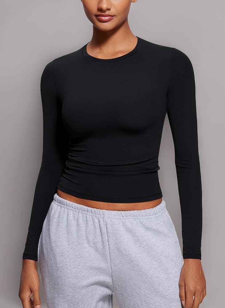 CRZ YOGA Womens Softembrace Long Sleeve Soft Crew Neck Shirts Basic Stretchy Tight T-Shirts Casua... | Amazon (UK)