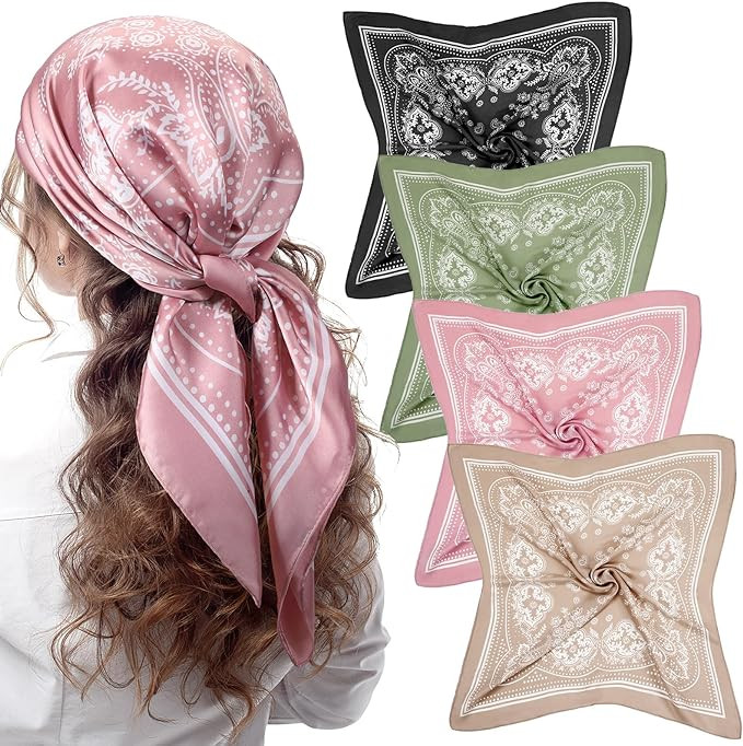 Syhood 4 Pcs 27'' Square Silk Bandana Satin Head Scarves for Women Silk Like Neck Scarf Durag Hai... | Amazon (US)