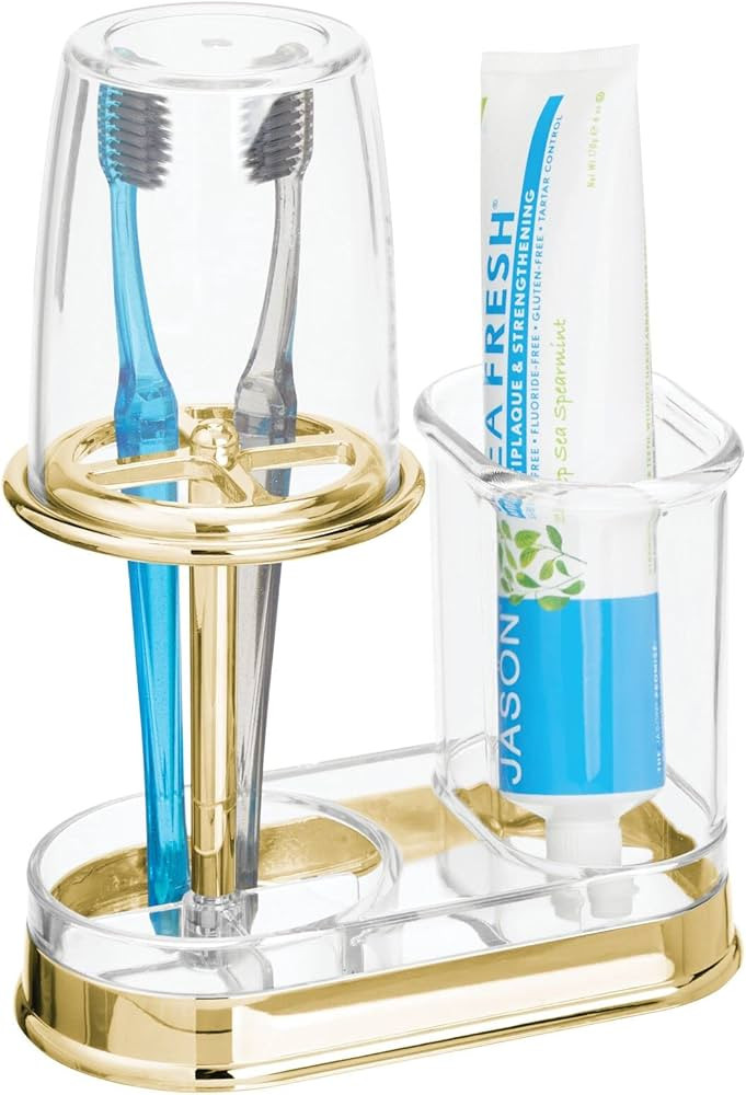 mDesign Plastic Toothpaste and Toothbrush Holder Center with Cup/Cover - Organizer for Bathroom V... | Amazon (US)