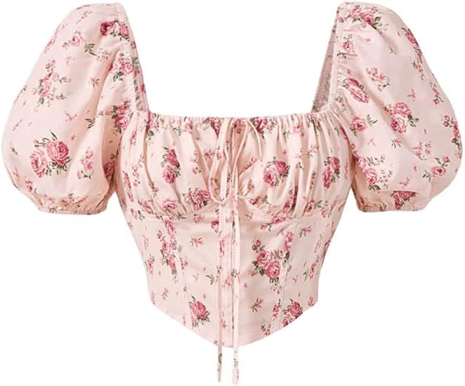 Verdusa Women's Floral Print Short Puff Sleeve Bow Front Asymmetrical Hem Crop Blouse Top | Amazon (US)