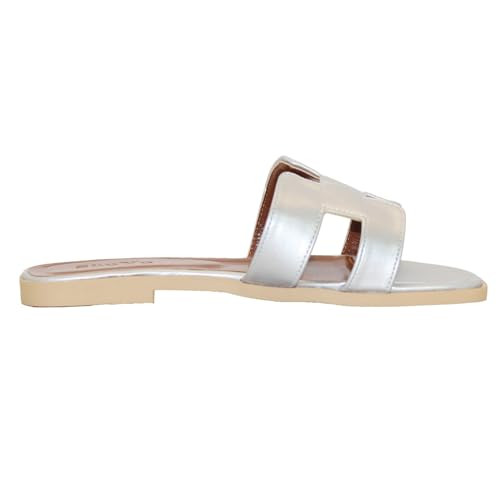 Women's Flat Sandals, Slip on Slides Summer Fall Shoes Cute Open Toe Slippers (Silver, Adult, Women, 10.5, Numeric, US Footwear Size System, Medium) | Amazon (US)