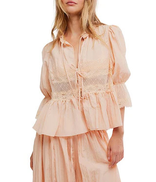 Forever Young Woven 3/4 Sleeve Split Round Neck Bed Jacket | Dillard's