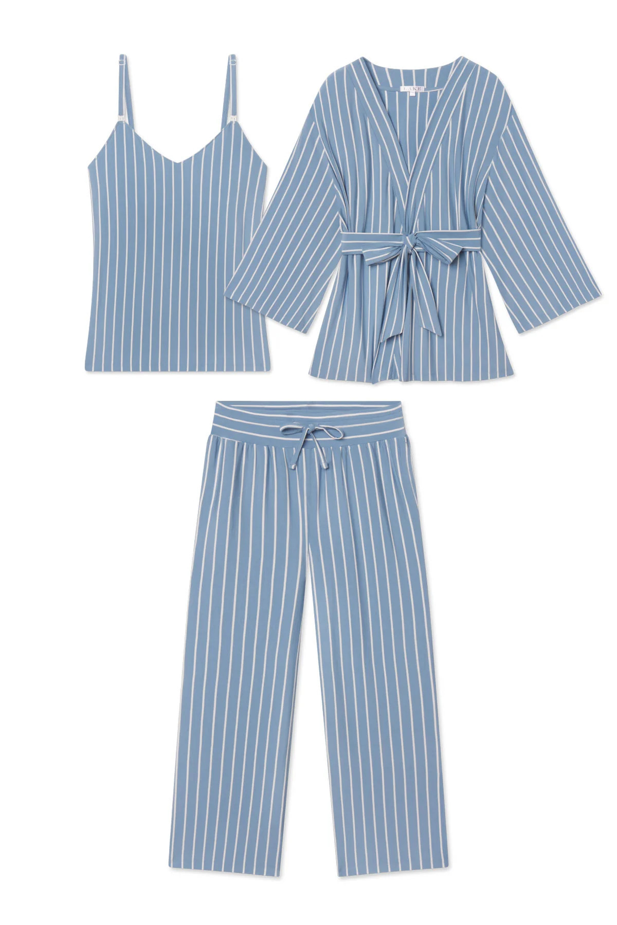 Maternity DreamModal™ Kimono Three-Piece Set in Serene Blue Stripe | Lake Pajamas