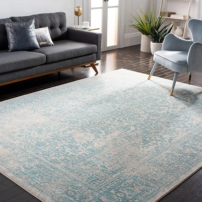 SAFAVIEH Area Rug 9x12 - Evoke Collection - Large - Ivory & Aqua, Distressed Design, Non-Shedding... | Amazon (US)