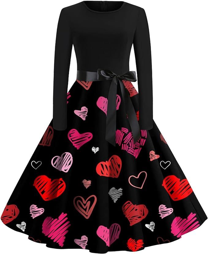 Auimank Women's Valentines Dress Vintage Long Sleeve Valentine's Day Printed Housewife Evening Pa... | Amazon (US)