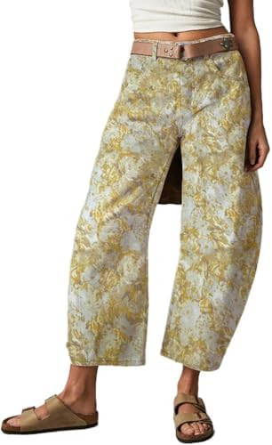 CHARTOU Womens Wide Leg Cropped Jeans Pants Baggy High Rise Denim Pants Y2k Floral Barrel Jeans | Amazon (US)
