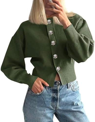 Saodimallsu Womens Button Up Cardigan Sweaters Fall Trendy Long Lantern Sleeve Knit Crew Neck Swe... | Amazon (US)