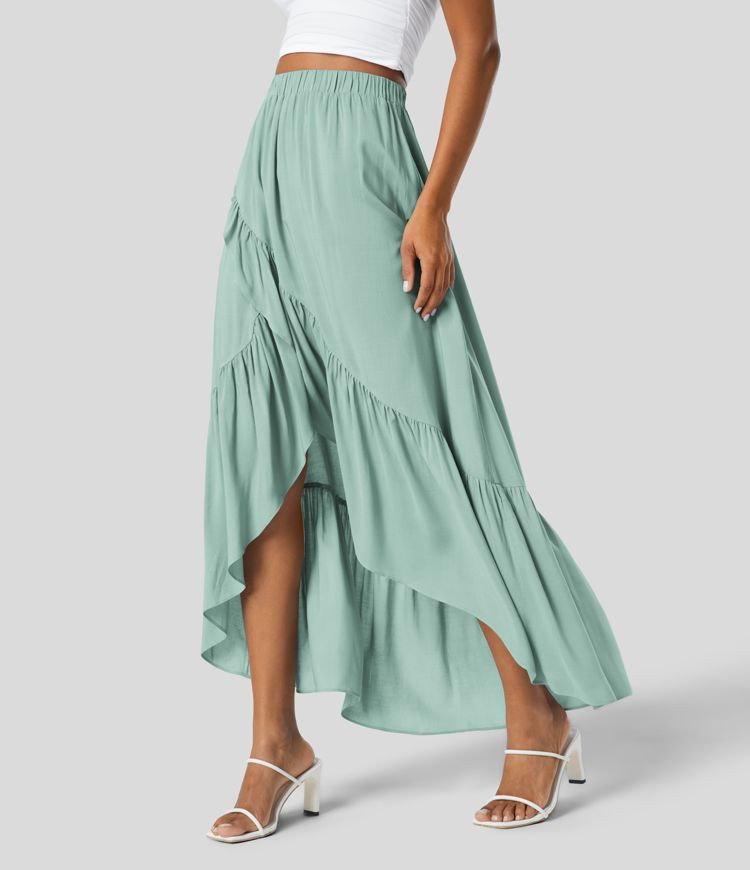 Women’s High Waisted Plicated High Low Ruffle Hem Flowy Maxi Resort Skirt - Halara | HALARA