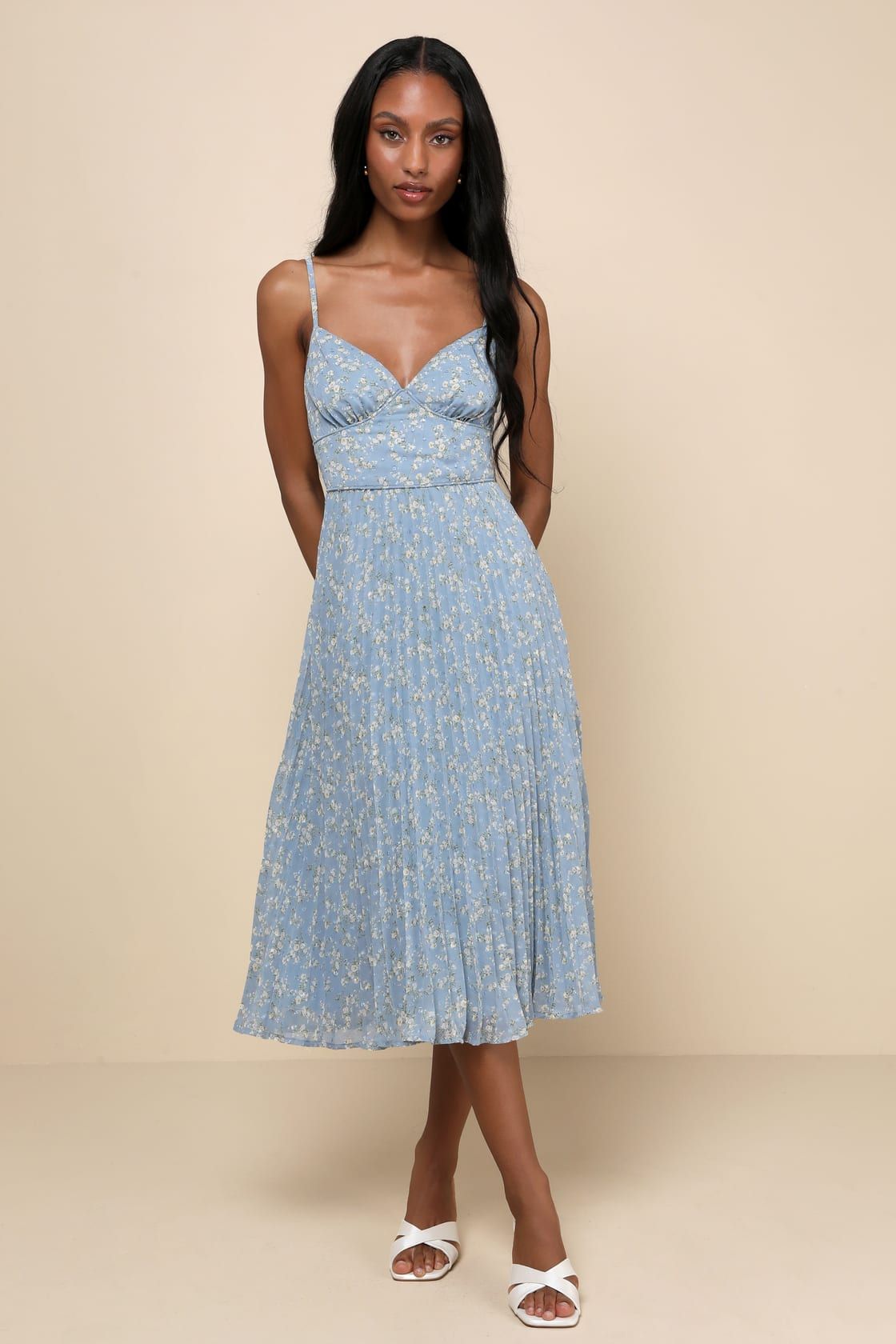 Darling Favorite Light Blue Floral Sleeveless Pleated Midi Dress | Lulus