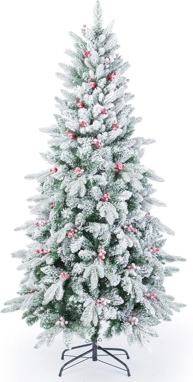 Artificial Christmas Tree,Snow Flocked Pencil Tree with Red Berry Decor 7.5FT,Unlit | Amazon (US)