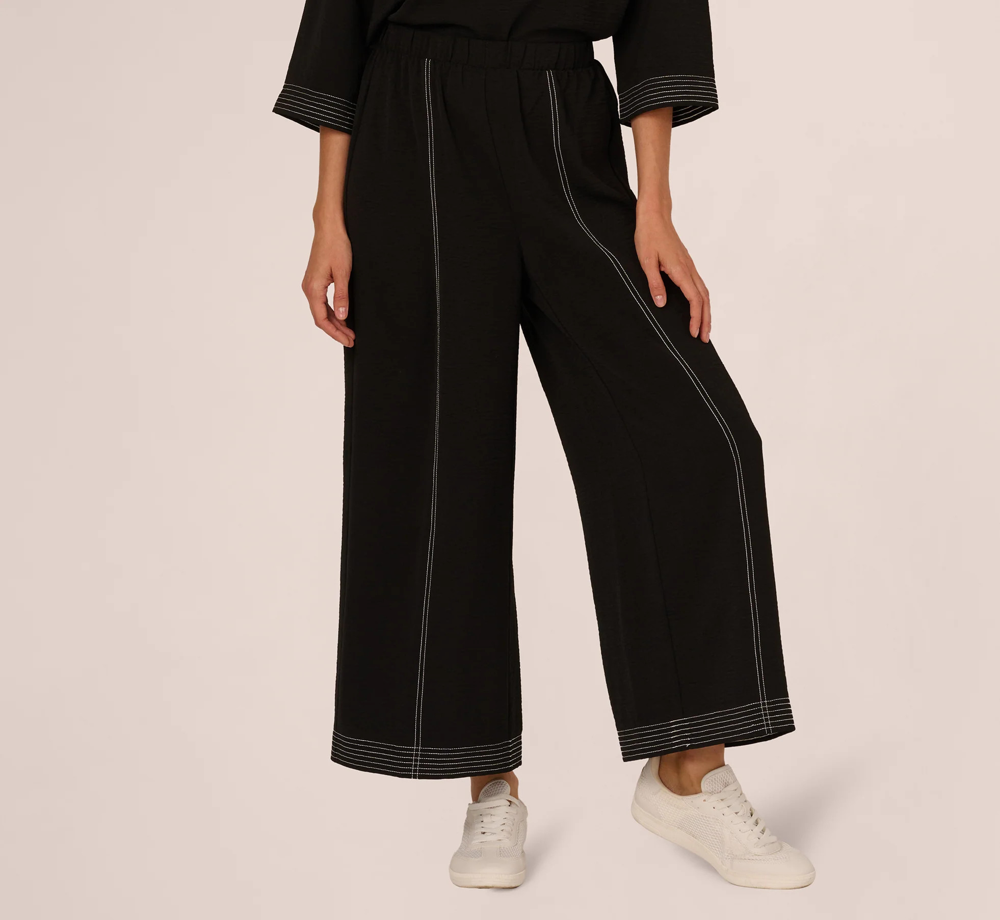 Wide Leg Contrast Stitch Pant In Black Ivory | Adrianna Papell
