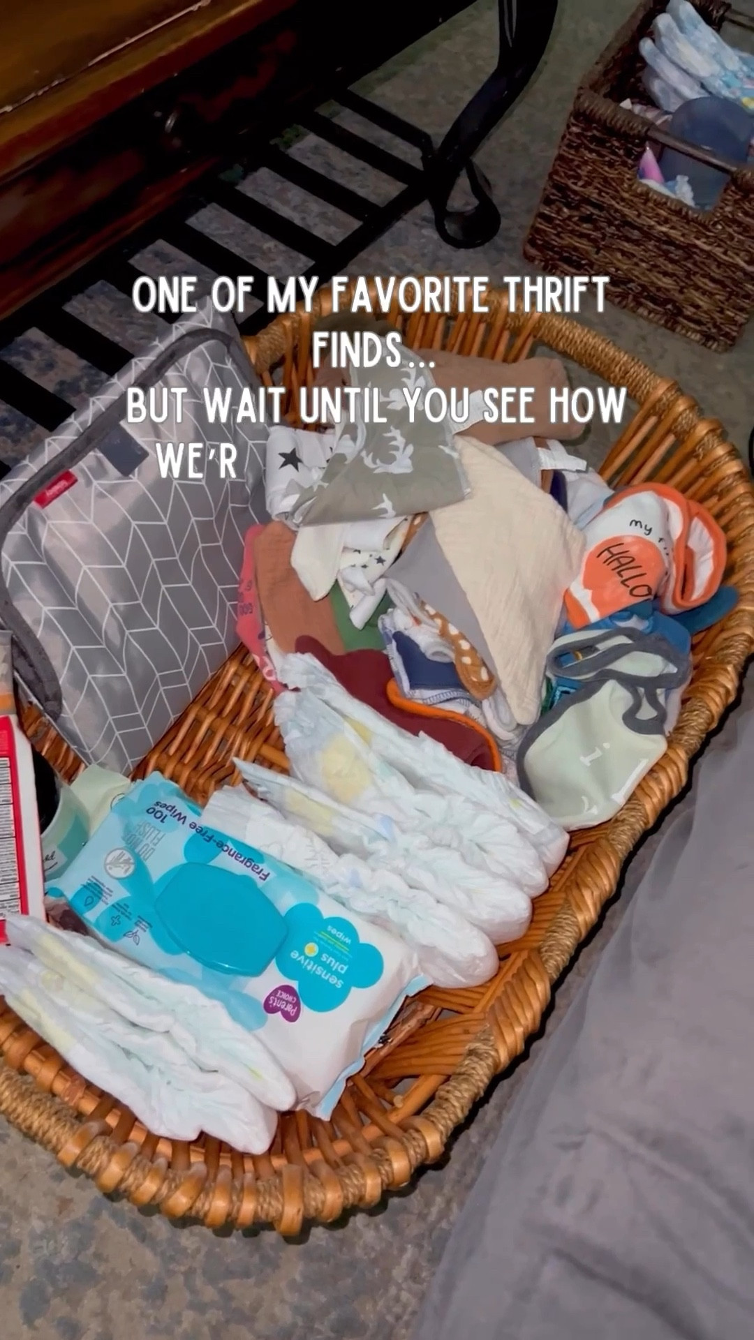 I thrifted this woven basket and knew it had potential. 

Now it lives under our coffee table stocked with diapers, wipes, bibs, and changing essentials for quick living room diaper changes. 
Cute storage, but also very necessary with a baby in the house.

Sometimes the best thrift finds end up being the most practical ones.


#ThriftedFinds
#MomLifeHacks
#ThriftedHome
#MomStorageIdeas
#ThriftyMom

#LTKstorytime #LTKmomlife #LTKdayinmylife