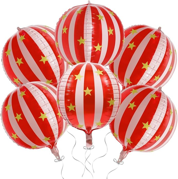 Red Pink Star Circus Clown Striped Christmas Foil Balloons, 22 Inches 360 Degree 4D Sphere Carniv... | Amazon (US)