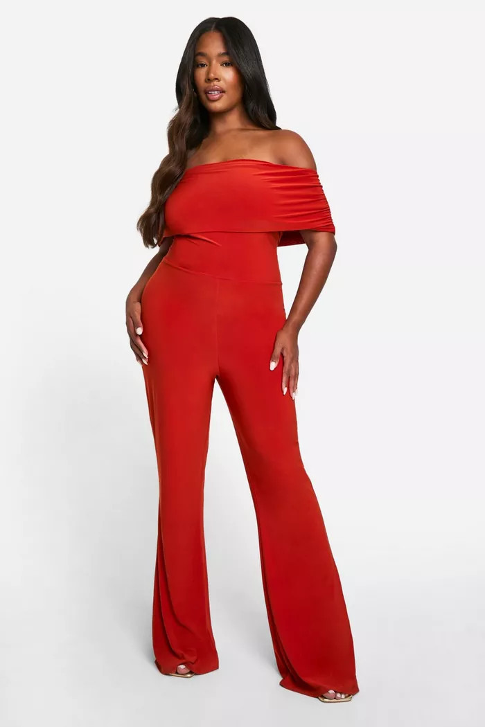 Plus Slinky Fold Over Off The Shoulder Flared Jumpsuit | boohoo (US & Canada)
