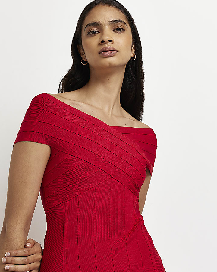 Red bardot cross over mini bodycon dress | River Island (UK & IE)