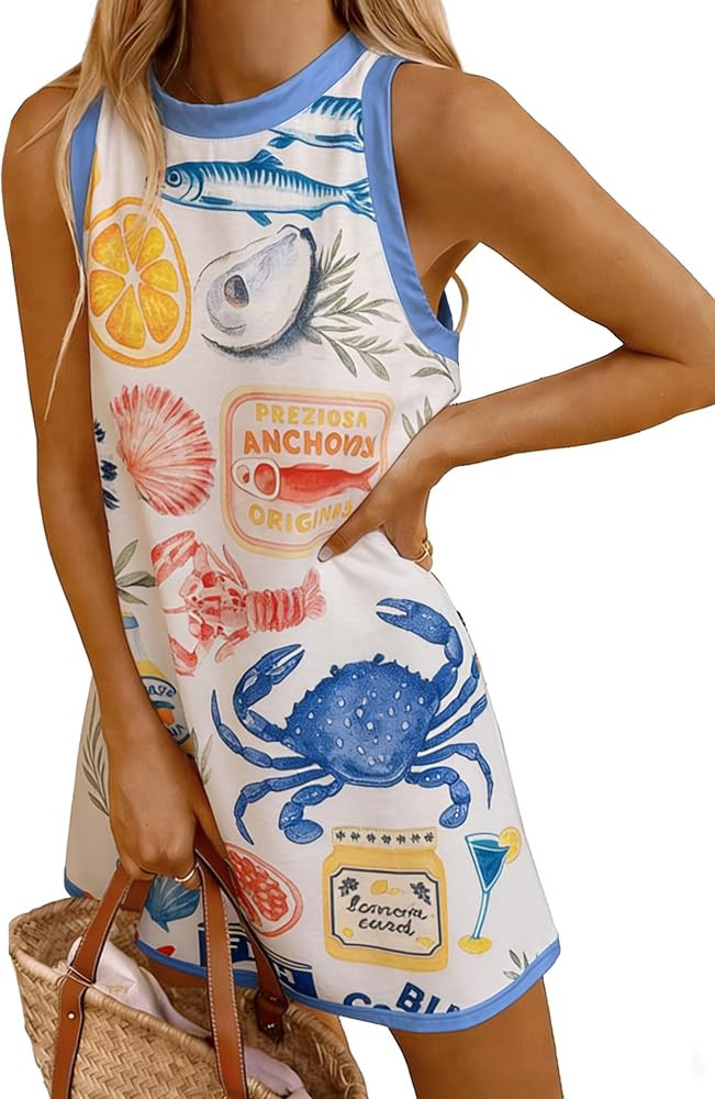 LOVESHOOT Womens Tank Dresses Summer Casual Mini Sleeveless Crew Neck Novelty Floral Printed Sund... | Amazon (US)
