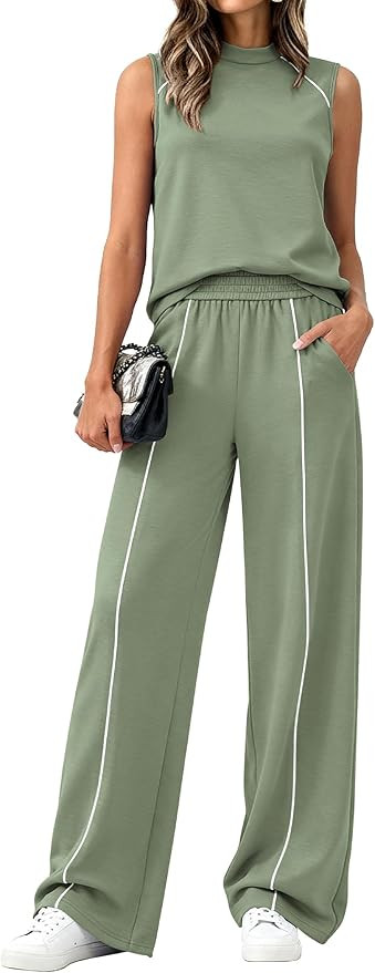 BTFBM Two Piece Sets for Women Summer Outfits 2026 Lounge Sets Mock Neck Tops Wide Leg Pants Trav... | Amazon (US)