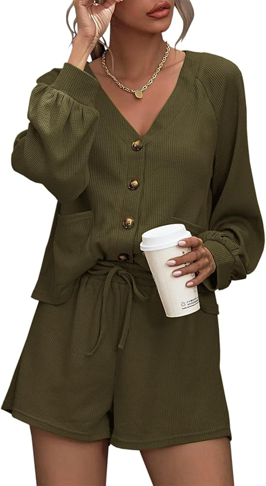 Womens Waffle Knit 2 Piece Outfits Long Sleeve Button Down V Neck Pullover Cardigan and Shorts Lo... | Amazon (US)