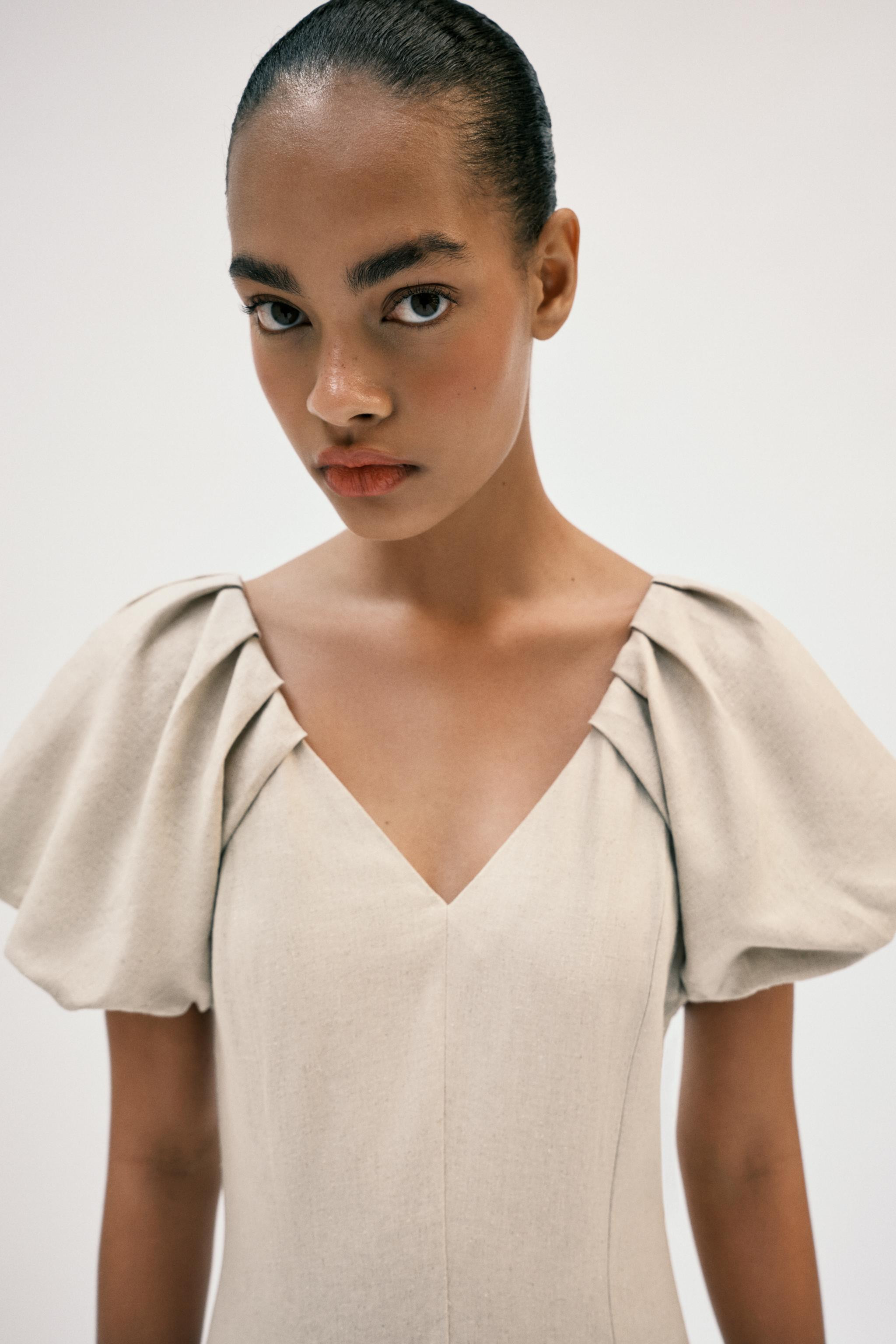 LINEN BLEND PUFF SLEEVE MIDI DRESS | Zara US