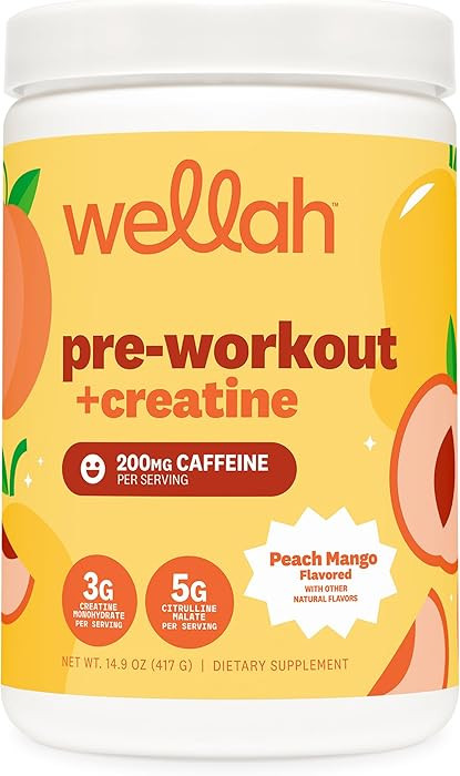 Wellah Pre-Workout + Creatine Powder (30 Servings) Peach Mango - 200mg Caffeine, 3g Creatine Mono... | Amazon (US)