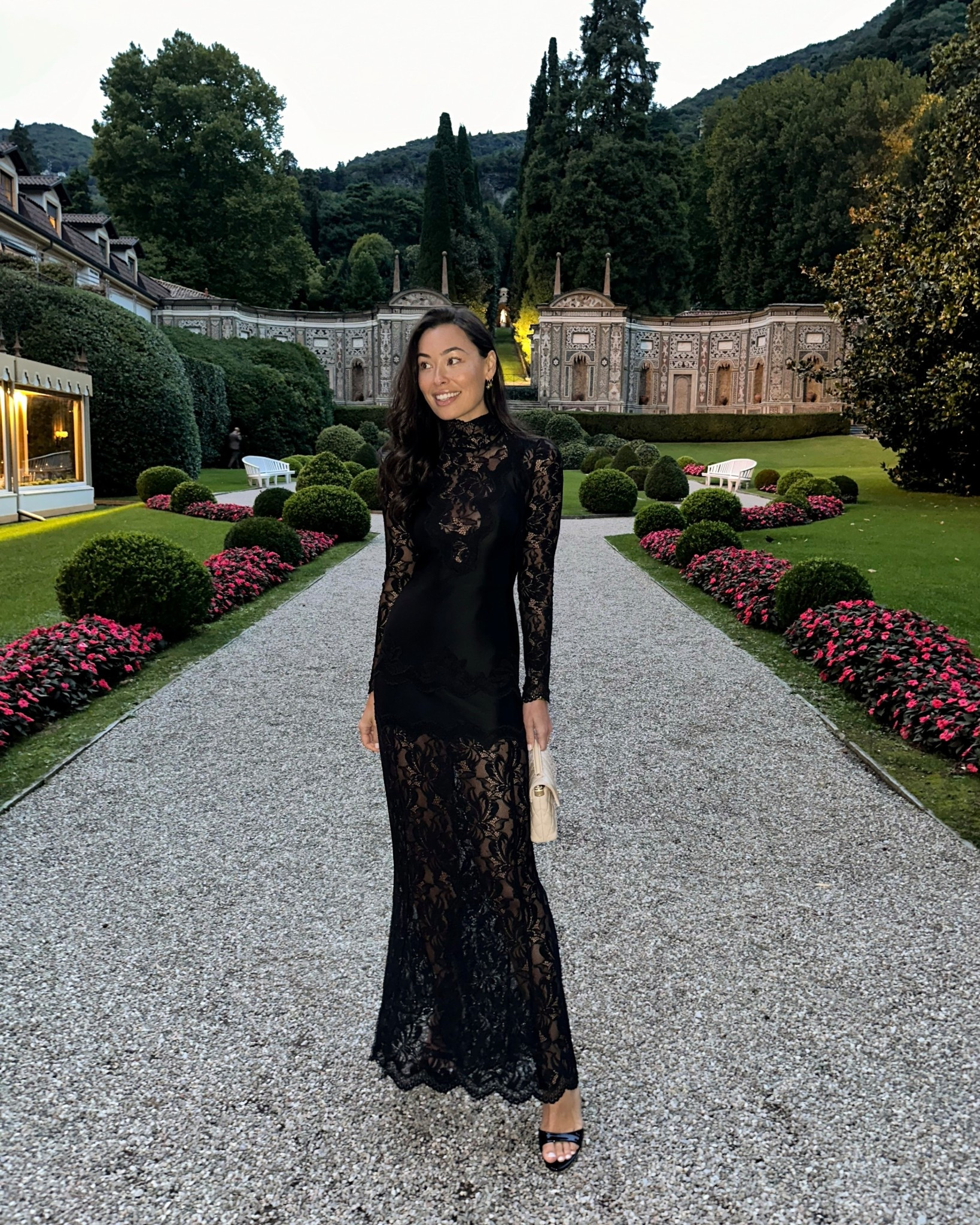 Villa d’Este Lake Como, Kat Jamieson style, black lace dress, formal, date night outfit, Italy dinner. 

Dress is slim fit, I’m wearing a size 2 but size up if you’re unsure/in between! 

#LTKWedding #LTKParties #LTKSeasonal