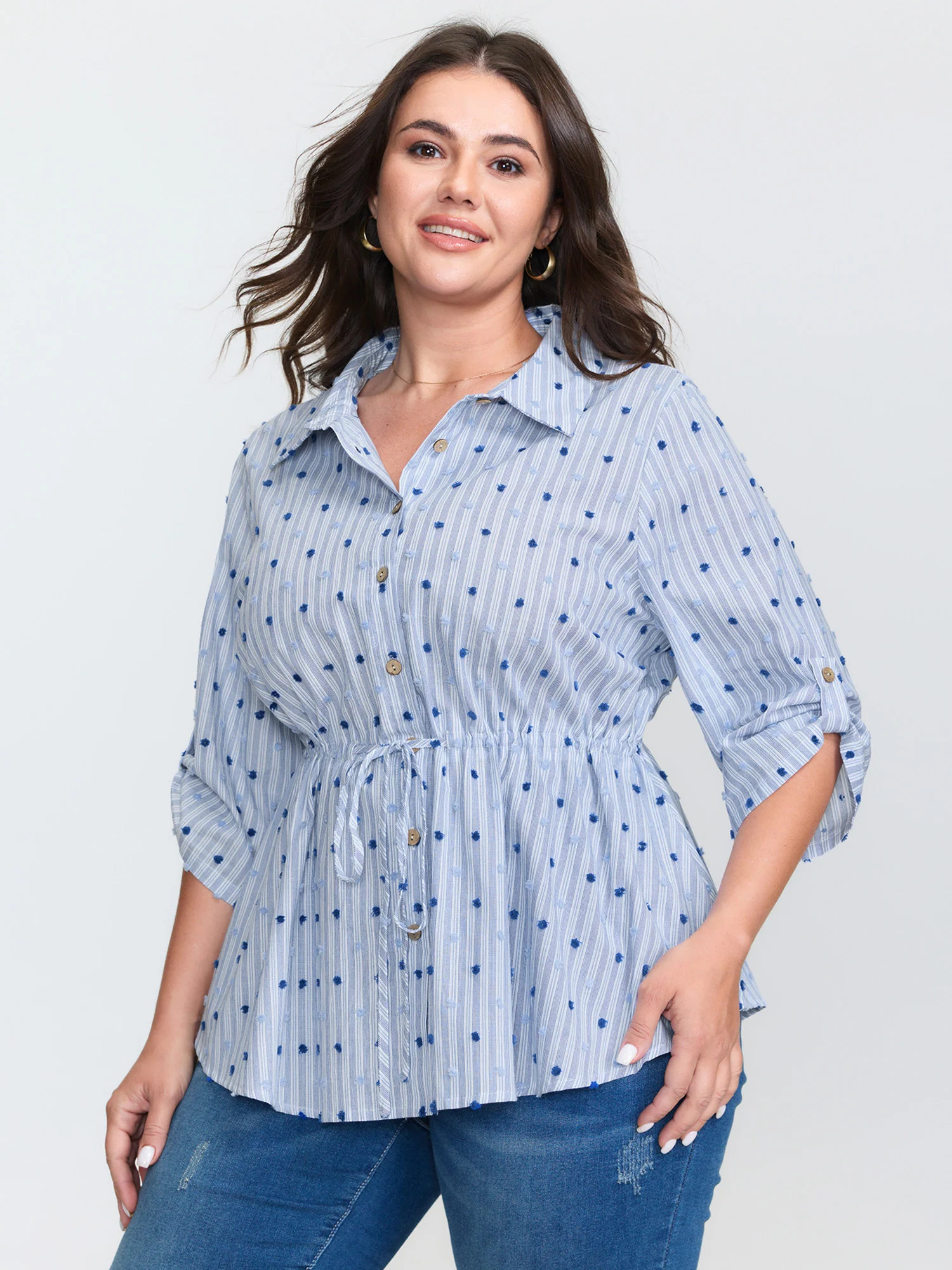 Cotton Striped Drawstring Waist Button-Down Shirt | Bloomchic