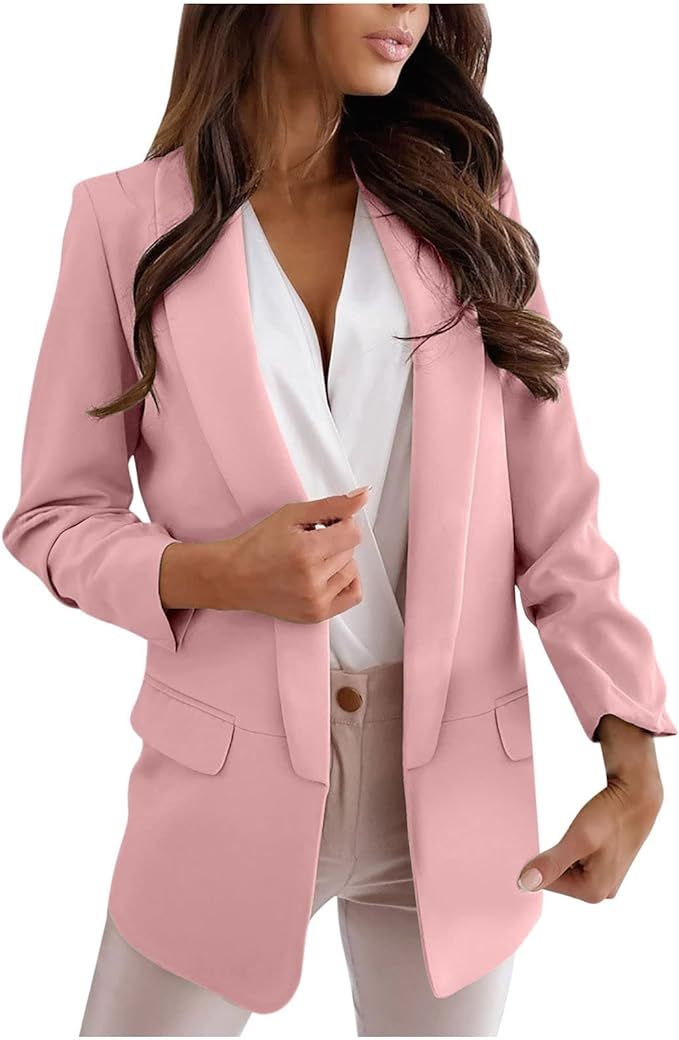 Cropped Suit Jacket Women Solid Color Long Sleeve Work Office Suit Turn Lapel Collar Padded Shoul... | Amazon (US)