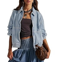 Womens Denim Jackets Long Sleeve Zip Up Elastic Hem Classic Loose Jean Bomber Jacket Outfit | Amazon (US)