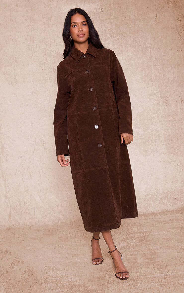 Chocolate Suede Longline Button Coat | PrettyLittleThing UK