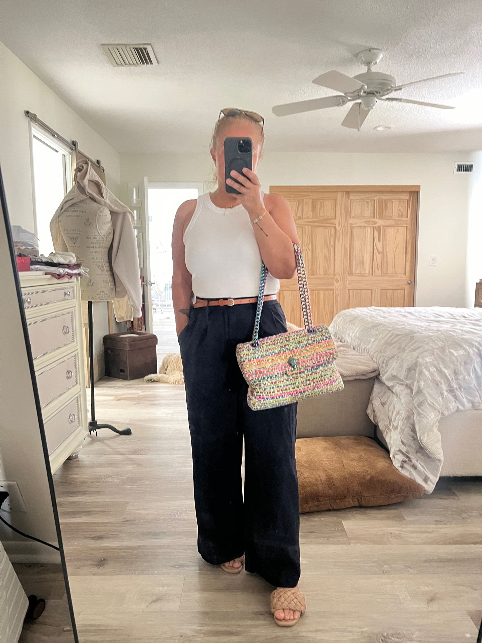 Today looks-Navy blue trouser pants, white top, nude sandals and this colorful bag Kurt Geiger London.




#LTKbag

#LTKOver40 #LTKMidsize #LTKSeasonal