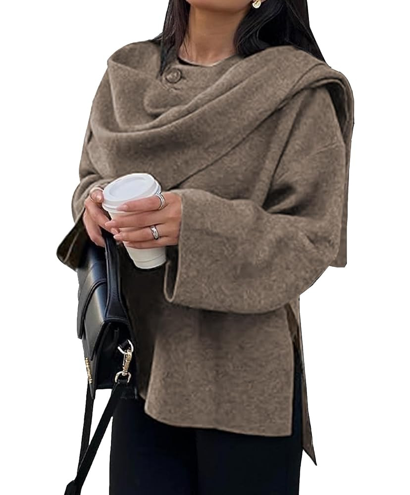 Womens Oversized Scarf Jacket Wool Blend Coat Long Sleeve Button Wool Coats Overcoats | Amazon (US)