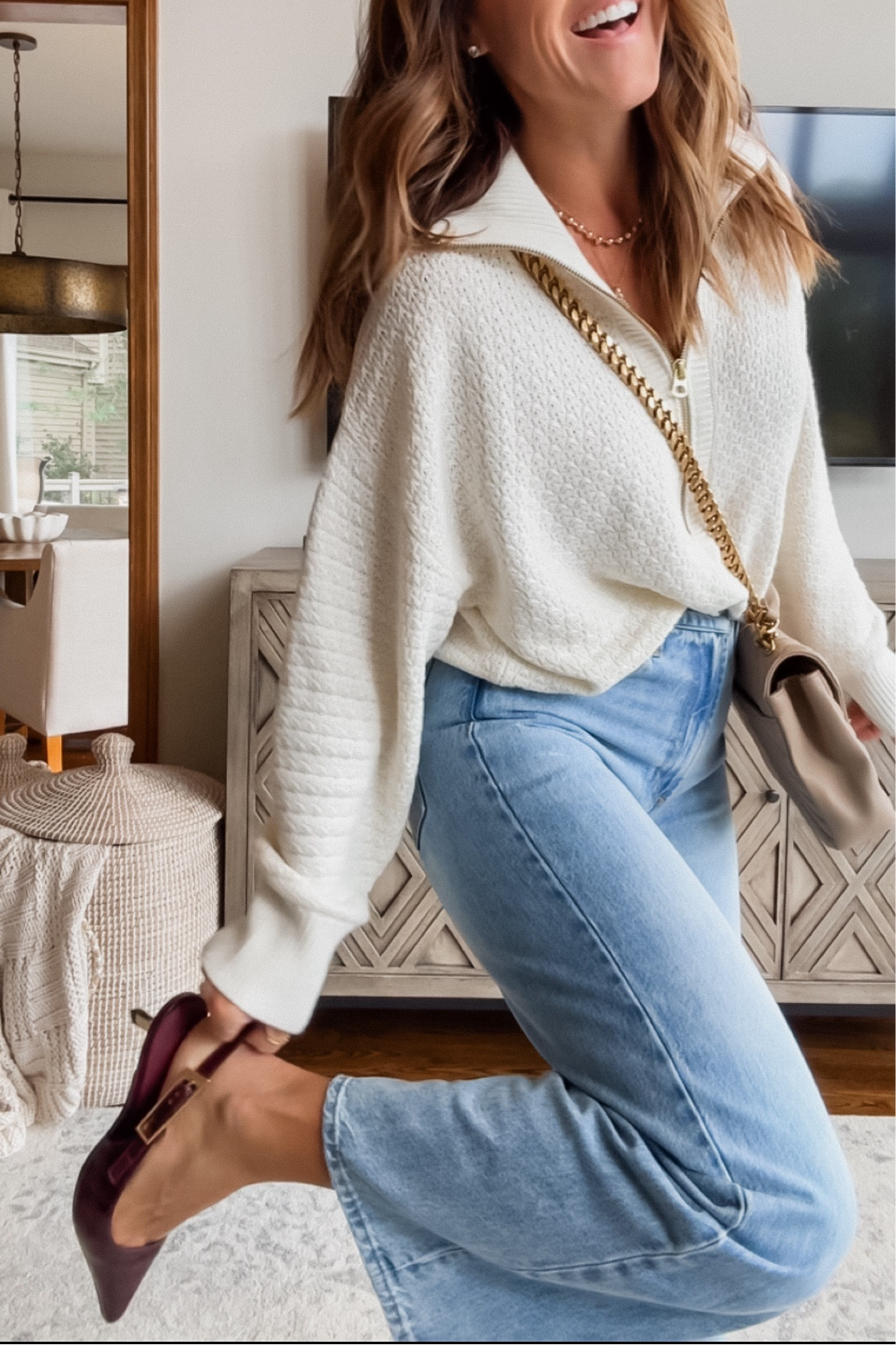 The texture on this 1/2 zip sweater 👌🏻
Burgundy sling back kitten heels. 
Casual chic fall outfit idea. 
XS sweater
Heels tts 

#LTKStyleTip #LTKShoeCrush #LTKOver40