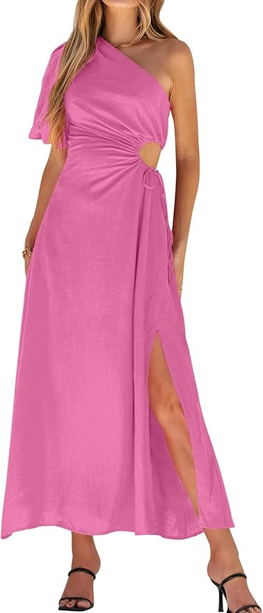 LILLUSORY Women's One Shoulder Cutout Drawstring Midi Dress Summer Cotton Linen Split Dresses | Amazon (US)