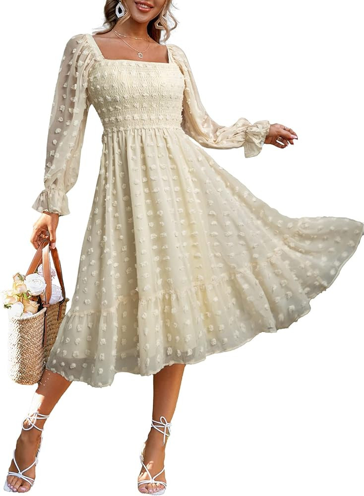 Amegoya Women's Boho Flowy Long Sleeve Square Neck Floral Midi Dress Smocked Spring Fall Wedding ... | Amazon (US)