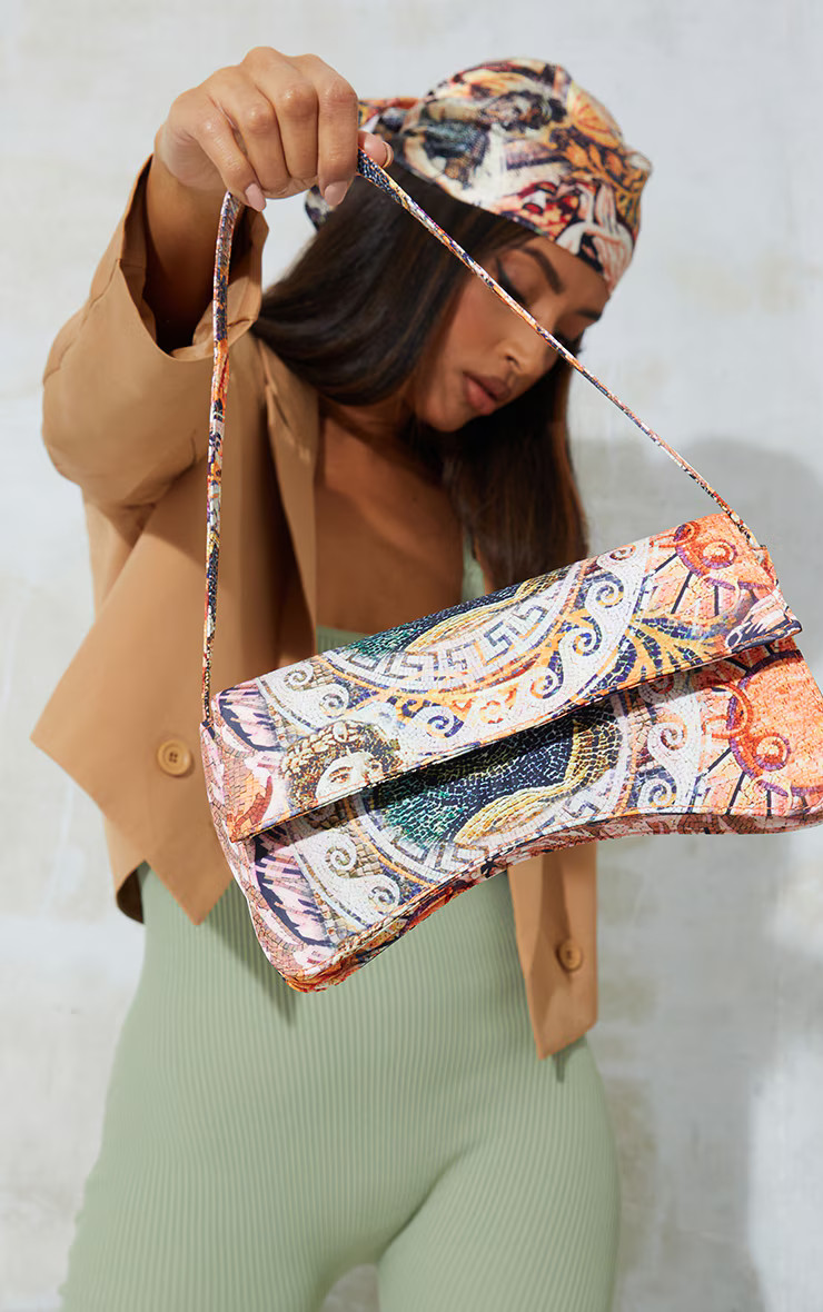 Yellow Roman Horse Mosaic Print Flap Over Baguette Shoulder Bag | PrettyLittleThing US