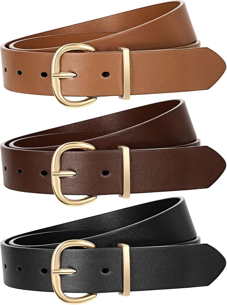 JASGOOD 3 Pack Women Leather Belt for Jeans Pants Gold Buckle Casual Waist Dresses Belt for Ladie... | Amazon (US)