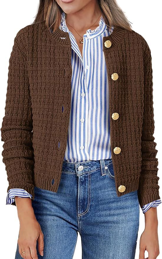 Zeagoo Women's 2024 Knit Cardigan Sweaters Long Sleeve Open Front Button Down Crew Neck Tweed Cro... | Amazon (US)