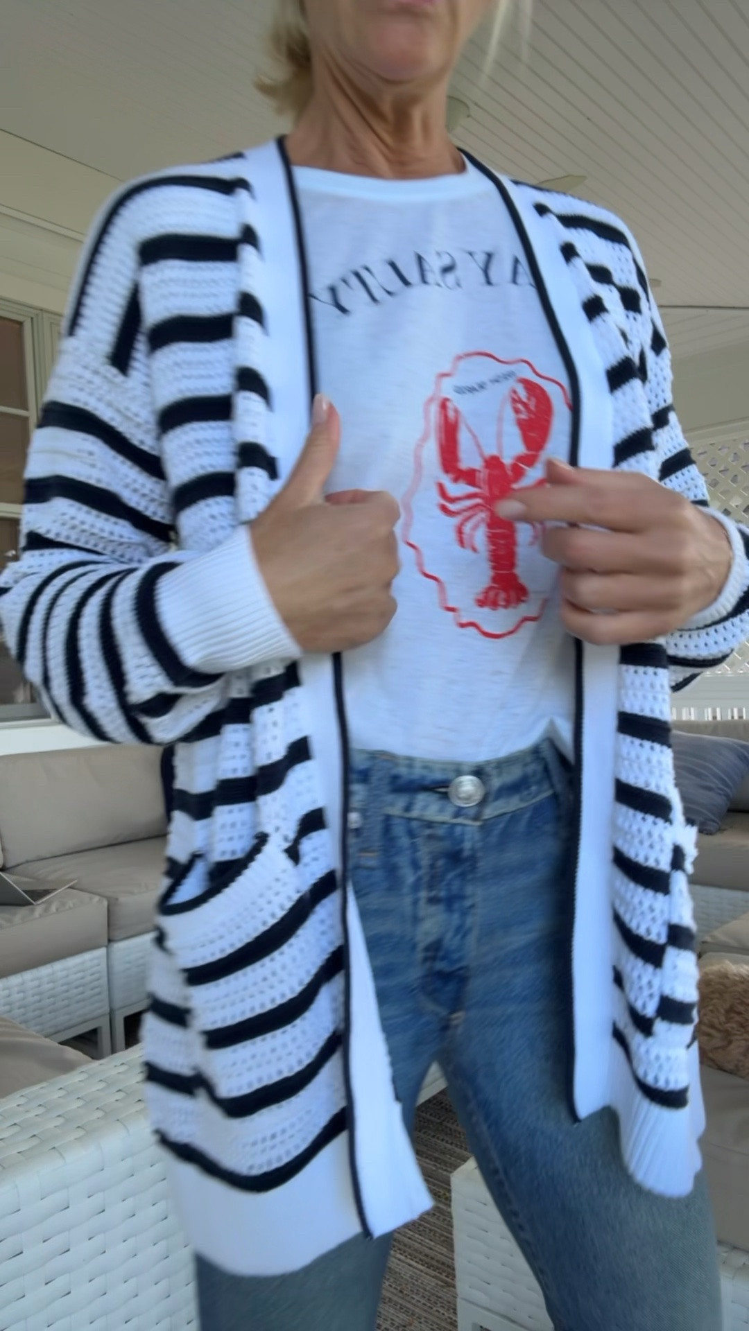 Stay at home date night -“stayt-night”. Wearing the perfect summer striped cardigan and lobster T-shirt
Perfect for a chilly night !

#LTKOver40 #LTKootd #LTKTravel