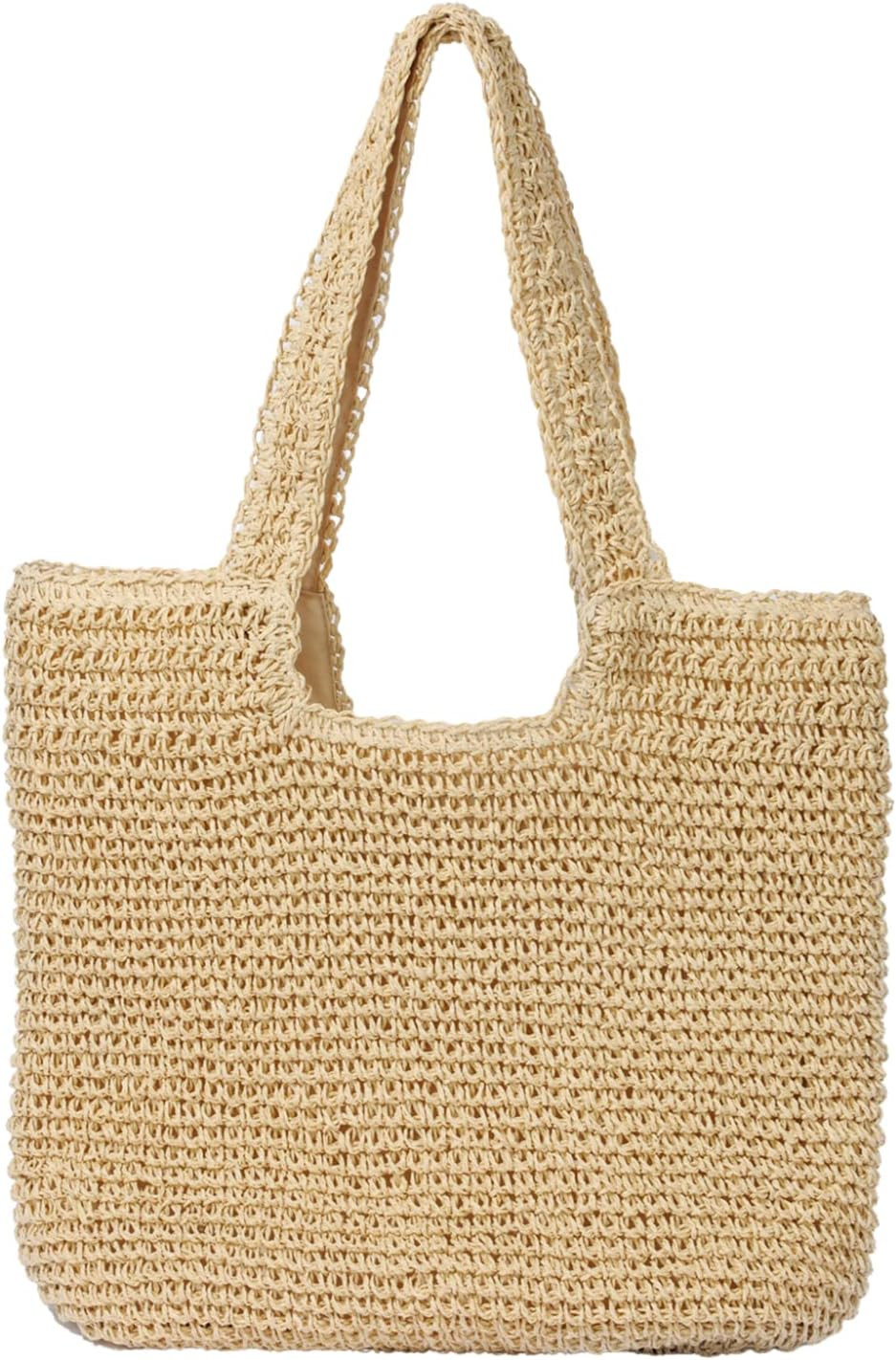 GOLDTIMO Beach Bags for Women - Summer Soft Large Woven Shoulder Purse Handbag, Beach Tote Straw Bag for Summer Vacation, Beige | Amazon (US)
